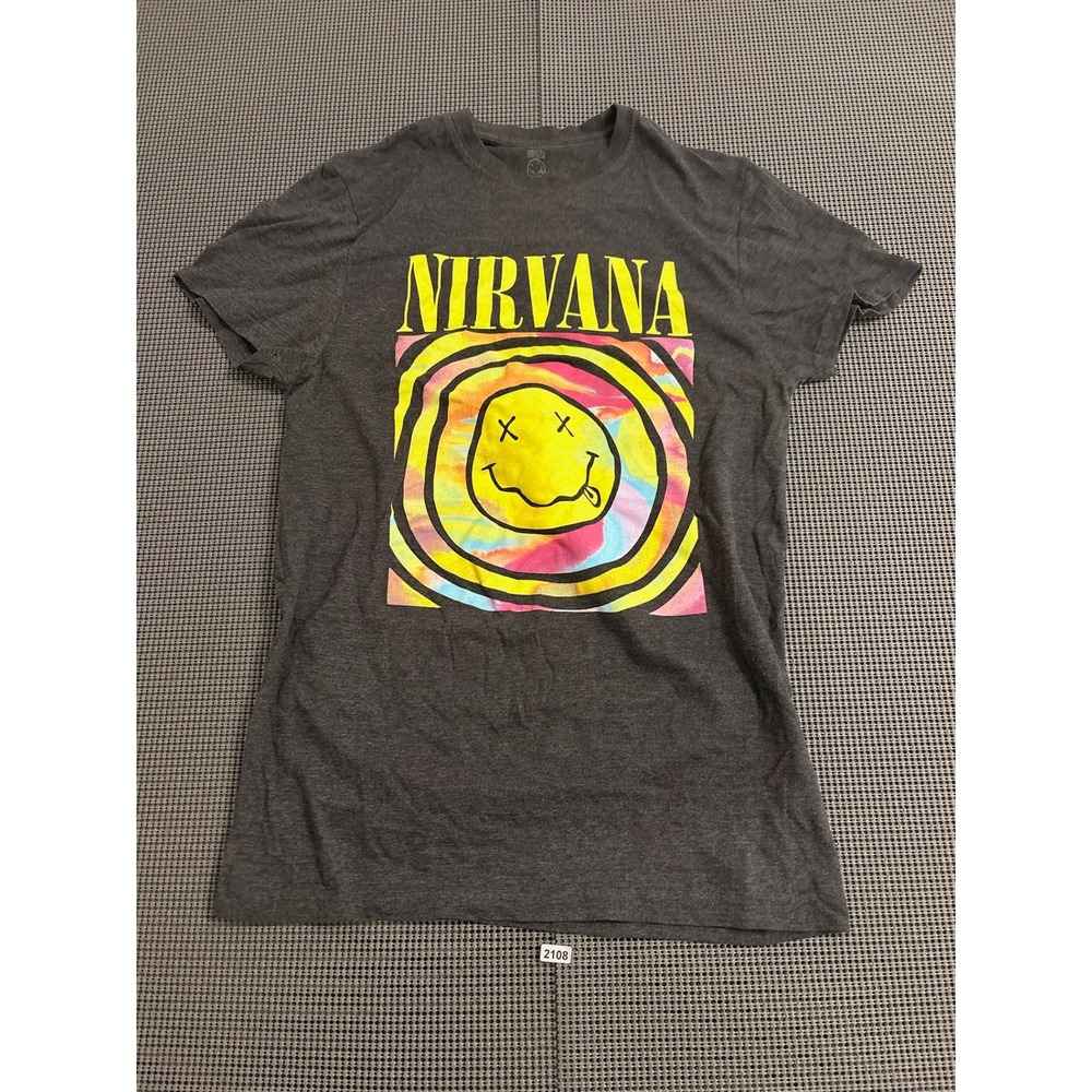 Nirvana Smiley Face Graphic T-Shirt Charcoal Grey Tie Dye Large